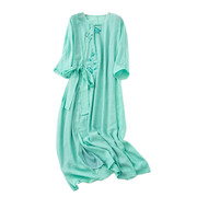 2020夏季圆领水绿色透气棉麻，长裙简约舒适原创设计连衣裙女
