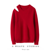上身美爆！羊绒镂空红色毛衣女秋冬设计感慵懒风羊绒针织衫