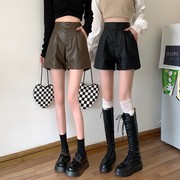 咖啡色皮裤子女2022秋冬pu短裤，配靴子高腰，a字裤外穿打底靴裤