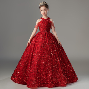 儿童礼服高端女童生日公主，裙小主持人钢琴，演出服模特走秀服装红色