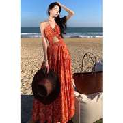 高档品牌三亚旅游沙滩裙波西米亚长裙高级感显白海边度假碎花挂脖