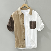 日系纯亚麻短袖男士衬衫，休闲青年拼接撞色棉麻，设计感半袖衬衣潮流