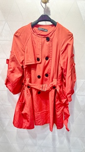 欧洲站西瓜，红腰带双排扣七分袖风衣