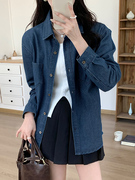 韩系牛仔布翻领衬衫女春季宽松深蓝开衫，polo领长袖上衣小个子外套