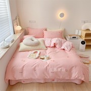 粉红色草莓四件套全棉纯棉印花三件套床笠床单四季款1.21.51.82米