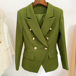2024欧美军绿色棉麻面料，纯色狮子双排扣修身西装通勤短外套女