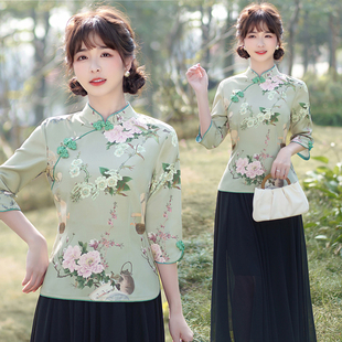 复古唐装中式女上衣中国风大码女装旗袍改良两件套装裙时尚表演服