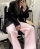 Unique SEI 小众设计个性粉色条纹简约松紧高腰休闲宽松百搭长裤