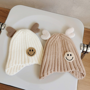 儿童鹿角帽子女童秋季加绒加厚毛线套头帽，男孩冬天保暖宝宝护耳帽