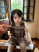 韩范童装冬季女童复古毛呢套装，洋气婴童宝宝，格子坎肩马甲+短裤
