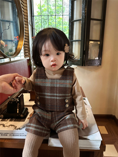 韩范童装冬季女童复古毛呢套装，洋气婴童宝宝格子坎肩马甲+短裤