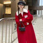 Lecea Alice红色毛呢外套女2023冬季韩版气质中长款呢子大衣
