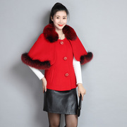 秋冬狐狸毛领斗篷，短款毛呢外套轻奢羊毛呢，大衣女红色披肩上衣