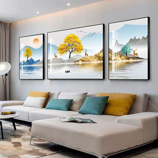 客厅装饰画现代简约新中式，沙发背景墙三联挂画山水画轻奢大气壁画