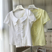 圆单娃娃领小清新纯色花边，拼接修身棉布，短袖衬衫d354