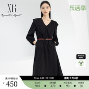 xg雪歌荷叶边设计长袖连衣裙，2024春季黑色，v领中长款a字裙女装
