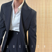 男士西装灰色条纹双排扣戗驳领商务正装高级感西服套装结婚礼服