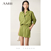 Amii2024秋新布标装饰翻领落肩袖衬衫休闲短裤子套装女时尚两件套