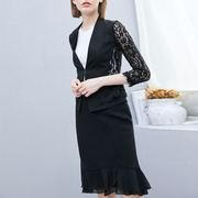 黛薇璐媤黑色蕾丝拼接短款外套春秋法式优雅气质修身西装外套