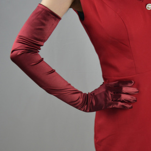 丝绸手套58cm弹性丝光绸缎面深红色酒红超长款防晒礼服婚纱