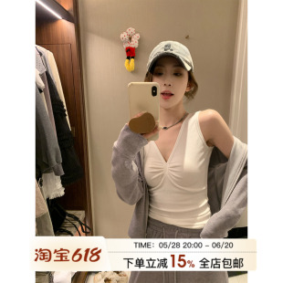 MLS 山茶花开 优雅气质抽褶V领无袖背心女春夏季纯欲修身针织吊带