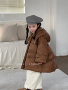 韩版冬季女童羽绒服外套宝宝，洋气加厚白鸭绒(白鸭绒)夹克中长款连帽上衣