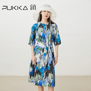 蒲PUKKA 原创设计女装夏独家印花宽松收腰圆领短袖连衣裙