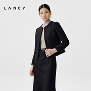 lancy朗姿春季黑色羊毛圆领，小香风短外套，法式修身收腰上衣女