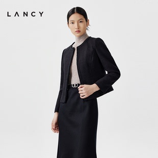 lancy朗姿春季黑色羊毛圆领，小香风短外套法式修身收腰上衣女