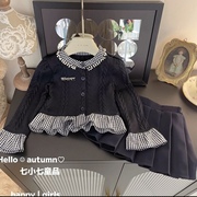 女童2023秋季针织外套百褶裙两件套韩版女宝毛线衣裙子套装潮