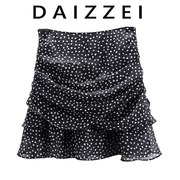 daizzei~2022夏黑白(夏黑白)波点褶皱雪纺小短裙，蛋糕a字裙女半身纱裙