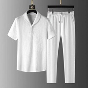 亚麻短袖t恤套装男夏季薄款透气高级感褶皱冰丝半袖九分裤两件套