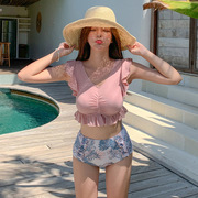 韩国情侣装泳衣女保守三件套分体裙式bikini男士沙滩裤泡温泉