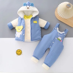 婴儿棉衣冬装加厚三件套0到1岁卡通背带裤外出棉服宝宝套装棉袄冬