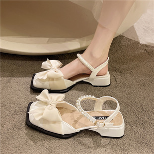 韩版包头凉鞋女仙女风，2024年夏季蝴蝶结，珍珠低中跟小皮鞋女鞋