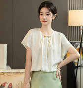 国风真丝衬衫女新中式圆领盘扣短袖桑蚕丝上衣设计感小众洋气小衫