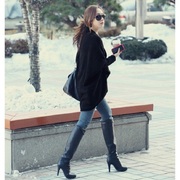 韩国2023年春秋季中长款针织开衫女宽松慵懒风，披肩蝙蝠袖毛衣外套