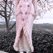 血液供给原创樱魇夏季浪漫哥特丝绒藕粉色蕾丝玫瑰鱼尾裙