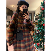 圣诞战袍2023双面羊绒大衣女韩国小立领精致格子羊毛呢外套厚