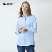 波顿2024春秋季英伦风，高端条纹长袖衬衫，女浅蓝休闲衬衣翻领