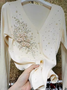 韩国东大门 水钻仙子 奢华重工钉珠珍珠水晶水钻立体花朵针织开衫