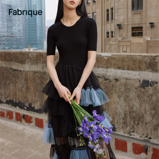 Fabrique 不对称网纱拼接短袖连衣裙2023夏季设计感裙子女