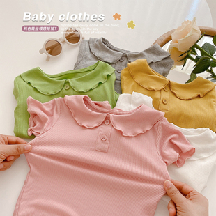 婴儿衣服夏装女宝宝短袖，t恤甜美公主，娃娃领上衣薄款莫代尔打底衫