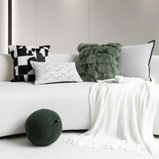 现代轻奢客厅沙发搭配组合黑白真牛皮拼接绿色狐狸毛皮草抱枕靠垫