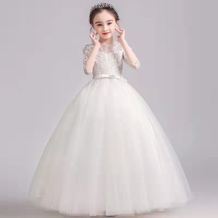 公主裙女大童白色花童婚纱，蓬蓬裙小女孩主持人钢琴，演出服大码礼服