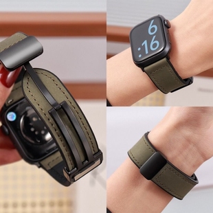 适用iwatch8手表applewatch9表带真皮S8苹果创意ultra智能S9运动S7硅胶S6高级6代SE男秋冬磁吸扣疯马皮纹