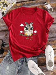 Cute Owl T shirt 超火卡通猫头鹰T恤夏季男女士红色短袖T恤
