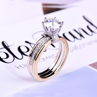 莫桑石戒指三色钻戒925纯银镀18K铂白玫瑰金时尚结婚求婚情侣对戒