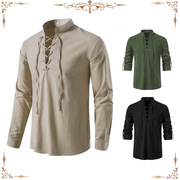 中世纪巫师衬衫万圣节cos长袖亨利衫纯色棉麻休闲男士立领衬衫
