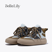 BellaLily春季增高拼色高帮鞋女牛仔布板鞋透气帆布鞋子